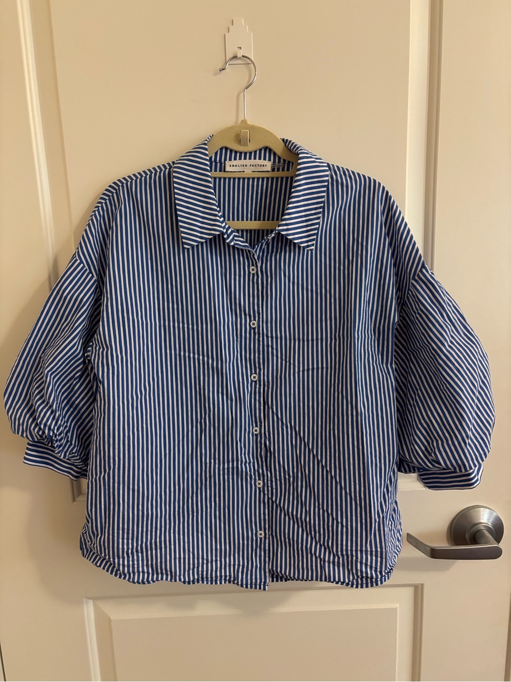 English Factory Blue and White Striped Button-Down Shirt with Puff Sleeve